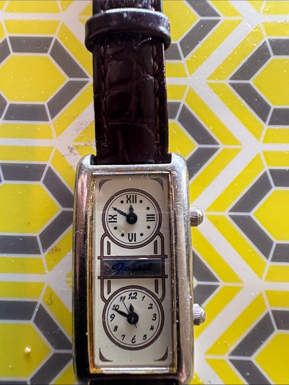 Classic Dual-Time Rectangle Silver Watch with Brown Leather Strap - Picture 2 of 3
